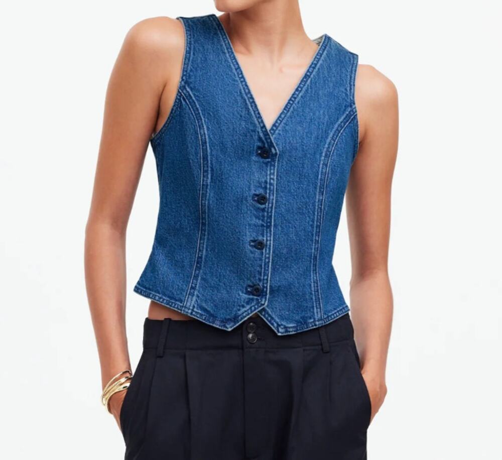 Madewell Denim Fitted Vest Stretch Cotton Size 14 Indigo Wash Button Jean